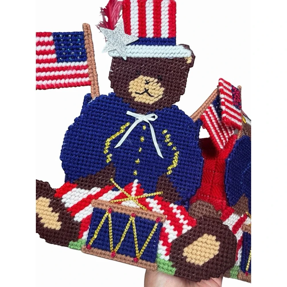 Vintage Handmade Patriotic Teddy Bear Tissue Box Cover USA Flag 4th of July